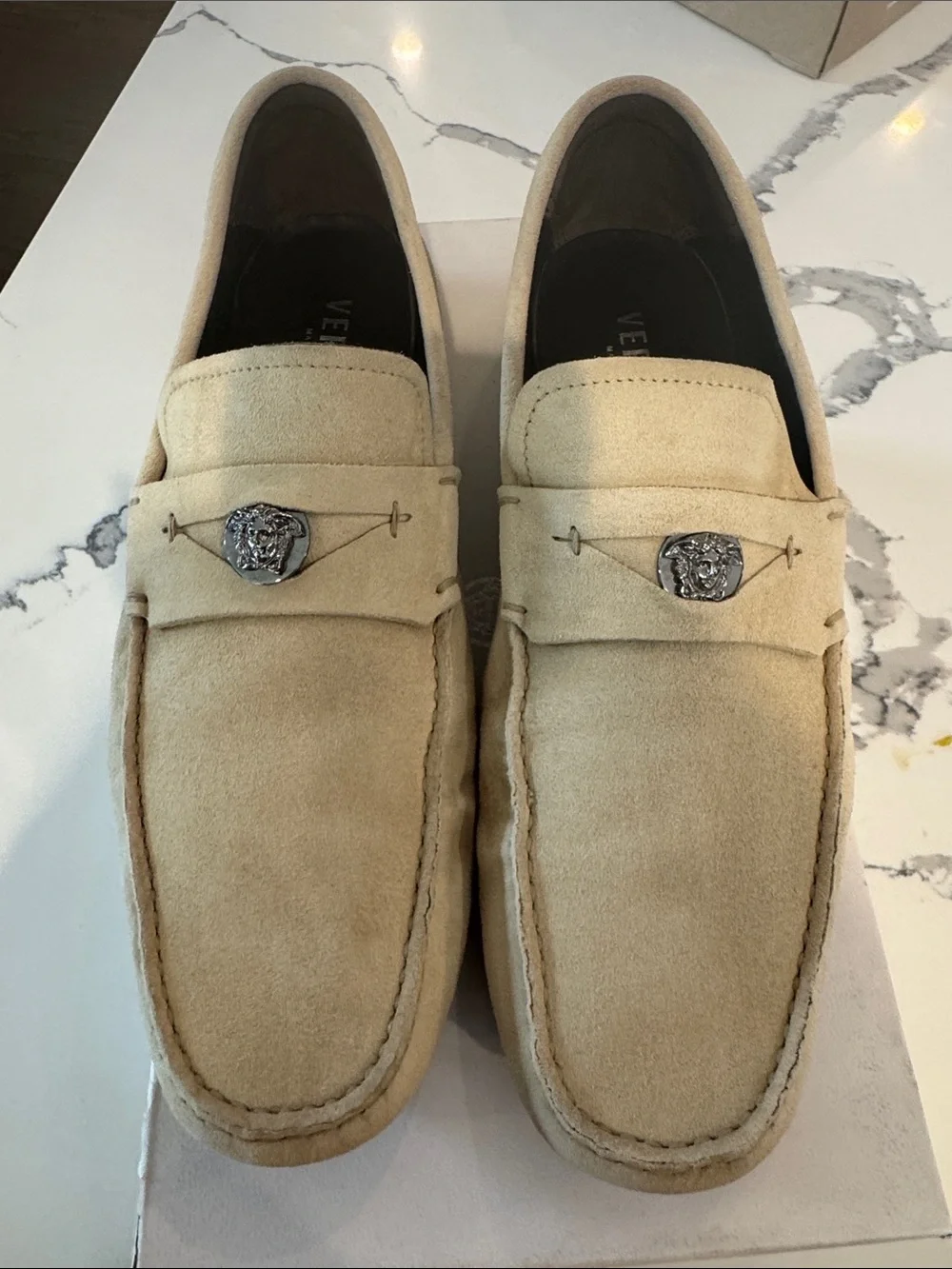 Men's Versace Beige Suede Slip-On Loafers with Decorative Metal Accent
